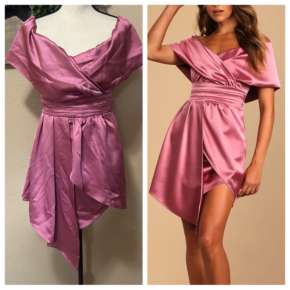 Lulus Always Celebrating Mauve Pink Satin Off-the-Shoulder Mini Dress